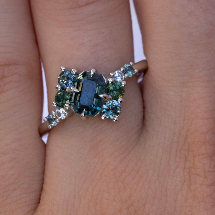 Teal Sapphire Cluster Ring 14K White Gold, Multi Stone Ring