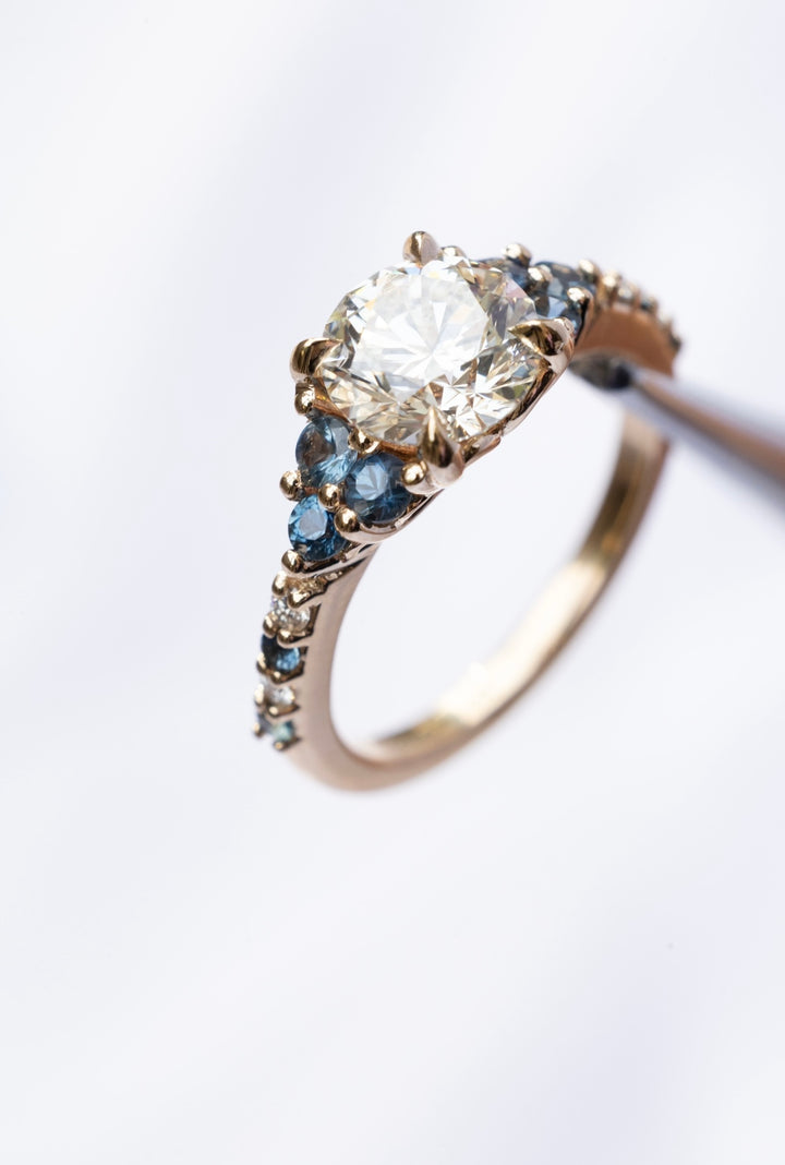 Nature Inspired Floral Diamond and Sapphire Engagement Ring 14K Gold