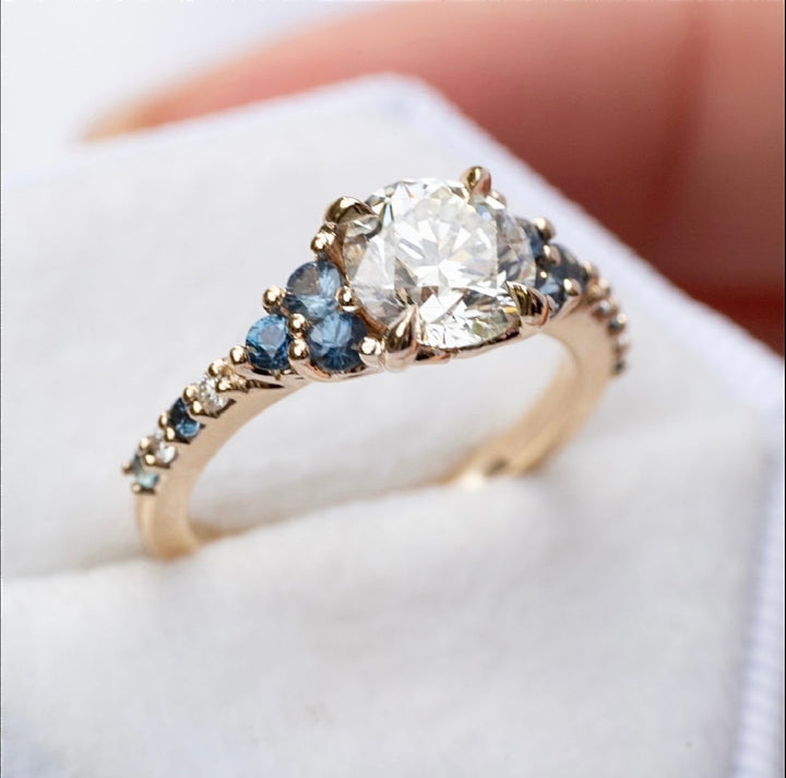 Custom Order: 1 ct Lab Grown Diamond w/ Natural Teal Sapphires and Diamonds 14K Gold