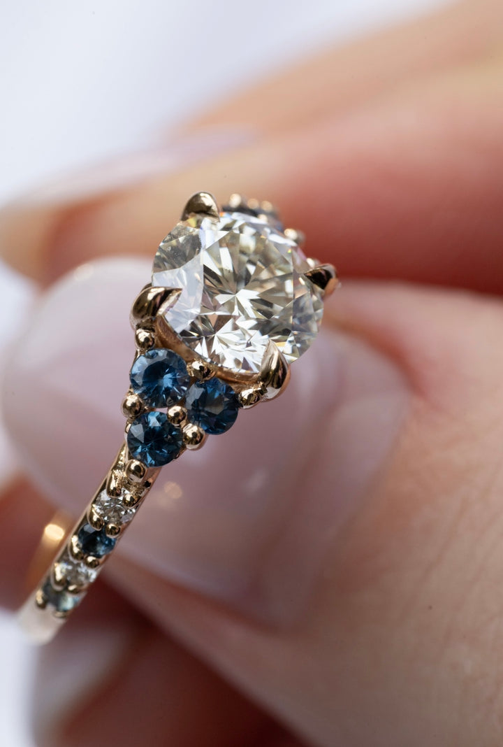 Nature Inspired Floral Diamond and Sapphire Engagement Ring 14K Gold