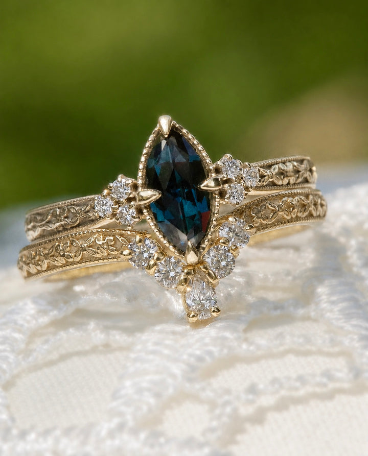 Floral Marquise Teal Sapphire Engagement Ring in 14K Gold  Nature Inspired Sapphire and Diamond Ring