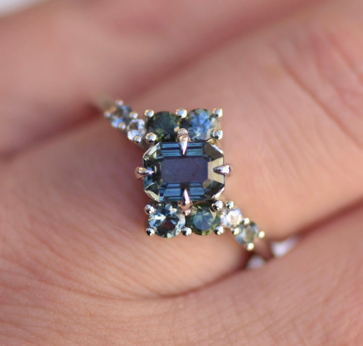 Teal Sapphire Cluster Ring 14K White Gold, Multi Stone Ring