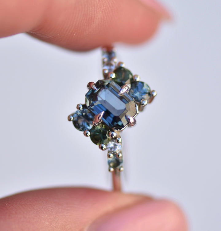 Teal Sapphire Cluster Ring 14K White Gold, Multi Stone Ring