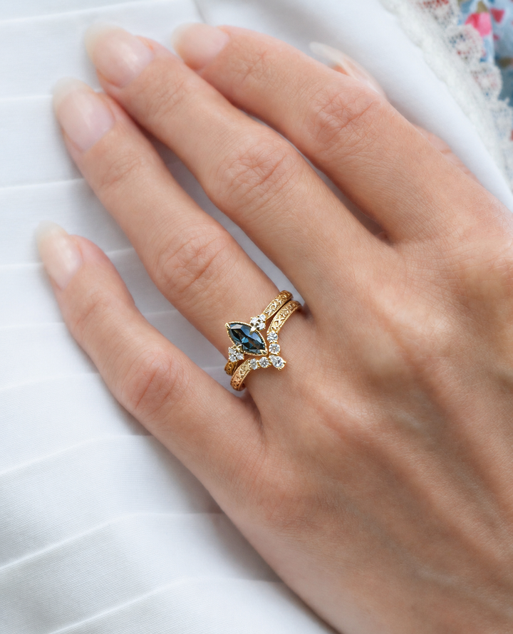Floral Marquise Teal Sapphire Engagement Ring in 14K Gold  Nature Inspired Sapphire and Diamond Ring