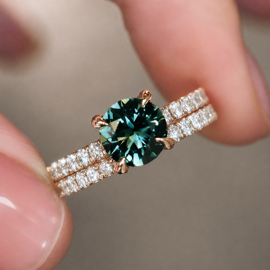 Round Cut Teal Green Sapphire Hidden Halo Engagement Ring Set with Matching Diamond Wedding Band in 14K Gold