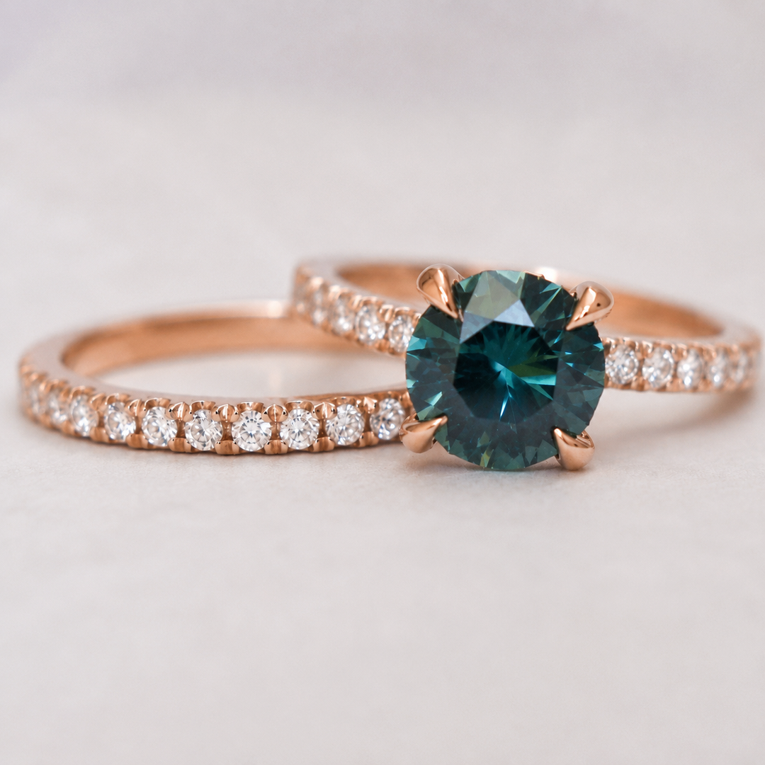 Round Cut Teal Green Sapphire Hidden Halo Engagement Ring Set with Matching Diamond Wedding Band in 14K Gold