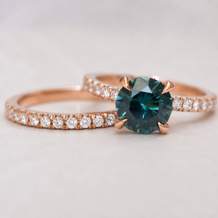 Round Cut Teal Green Sapphire Hidden Halo Engagement Ring Set with Matching Diamond Wedding Band in 14K Gold