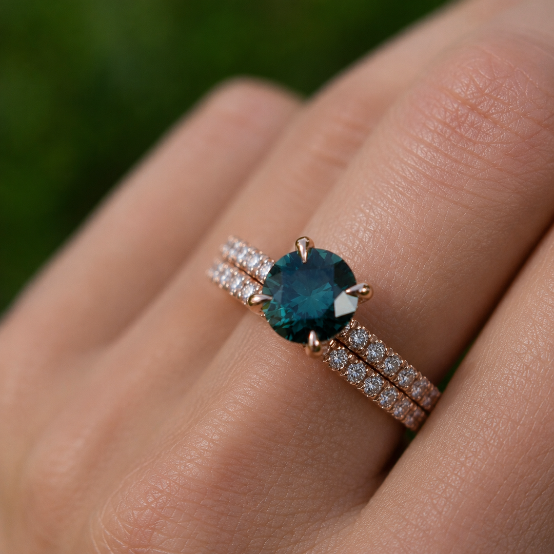 Round Cut Teal Green Sapphire Hidden Halo Engagement Ring Set with Matching Diamond Wedding Band in 14K Gold