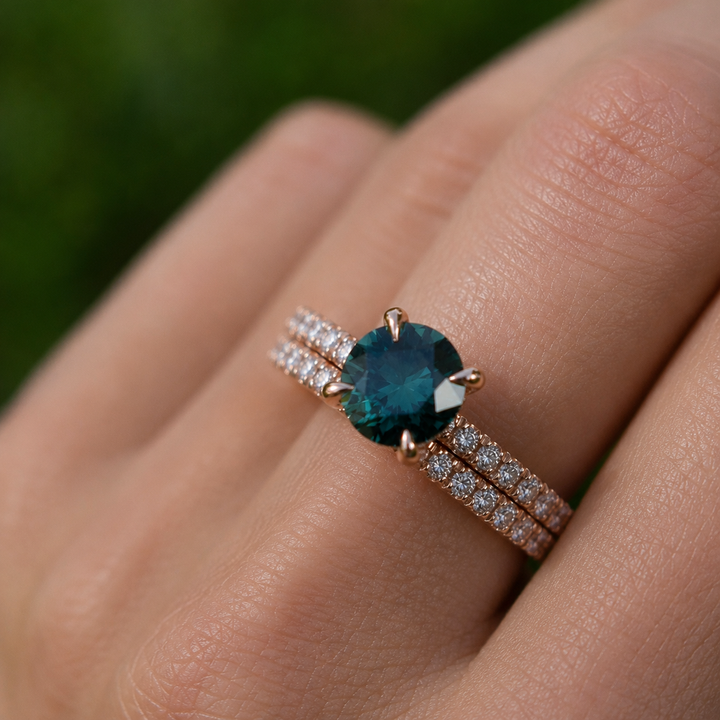 Round Cut Teal Green Sapphire Hidden Halo Engagement Ring Set with Matching Diamond Wedding Band in 14K Gold