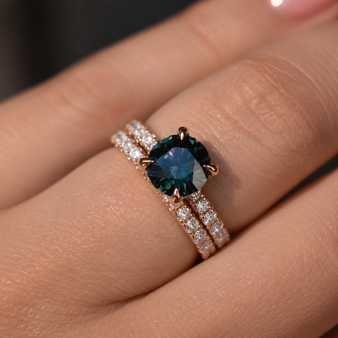 Round Cut Teal Green Sapphire Hidden Halo Engagement Ring Set with Matching Diamond Wedding Band in 14K Gold