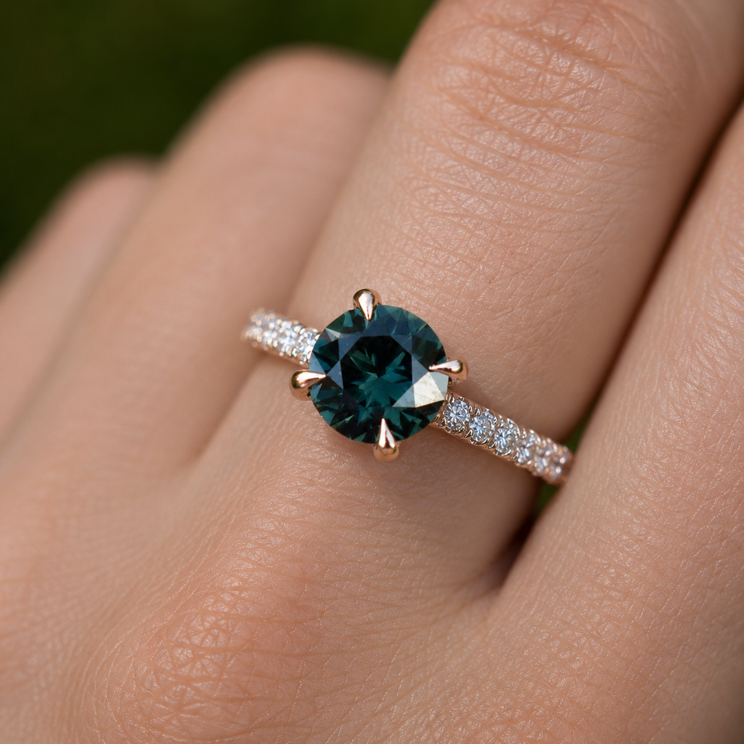 Round Cut Teal Green Sapphire Hidden Halo Engagement Ring Set with Matching Diamond Wedding Band in 14K Gold