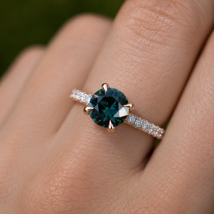 Round Cut Teal Green Sapphire Hidden Halo Engagement Ring Set with Matching Diamond Wedding Band in 14K Gold