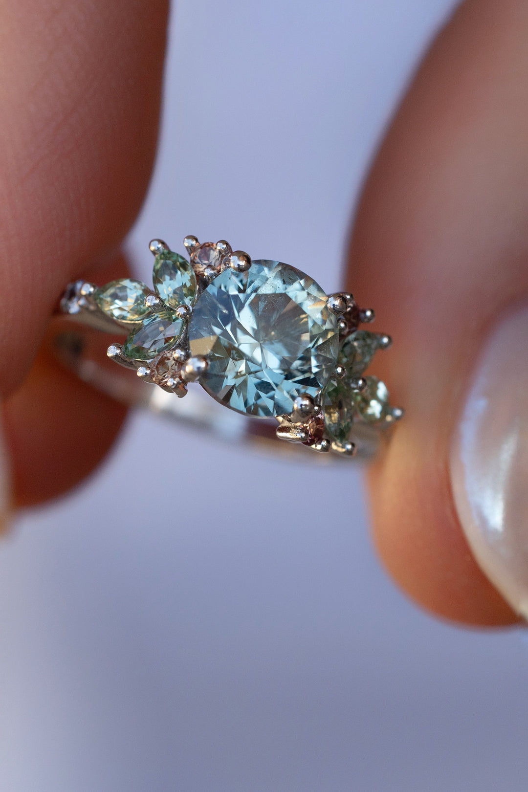 “Allie” Pastel Montana Sapphire Floral Cluster Nature Inspired Engagement Ring 14K Gold