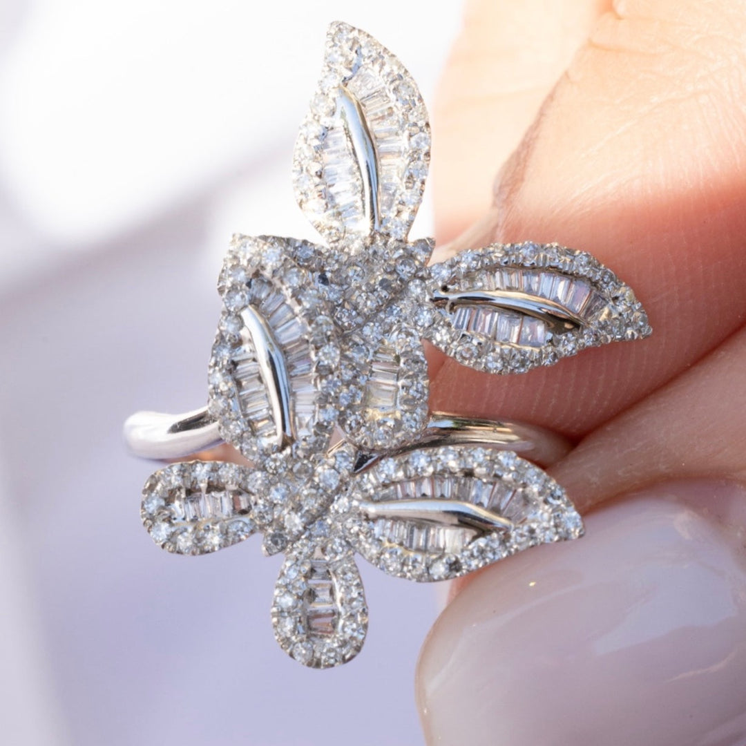 Double Butterfly Diamond Ring 18K White Gold, Butterfly Ring with Diamonds