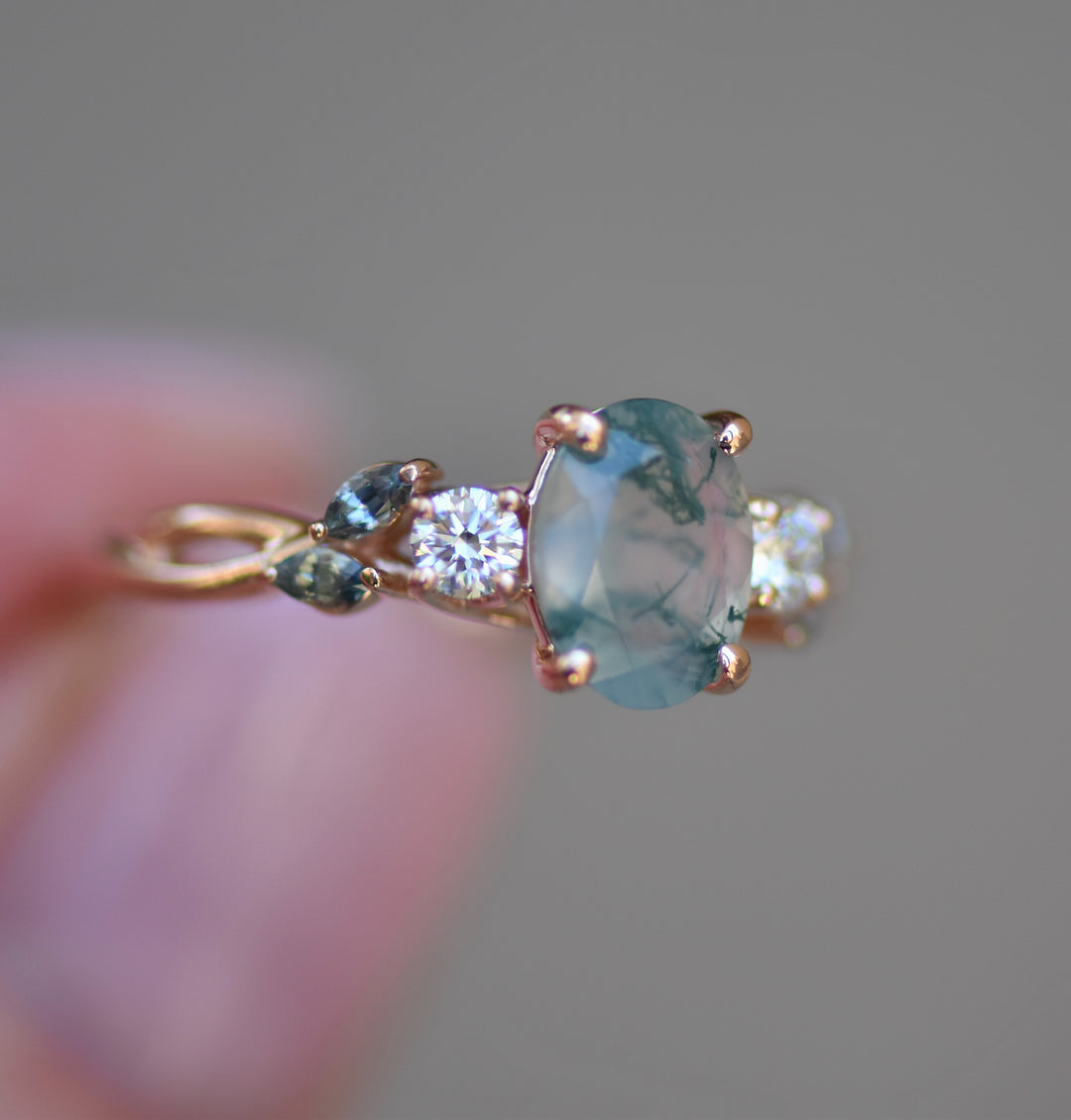 Nature Inspired Moss Agate Engagement Ring w/ Diamonds and Marquise Green Sapphires 14K Gold