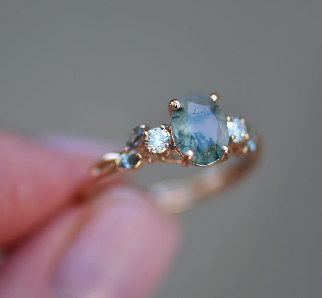 Nature Inspired Moss Agate Engagement Ring w/ Diamonds and Marquise Green Sapphires 14K Gold