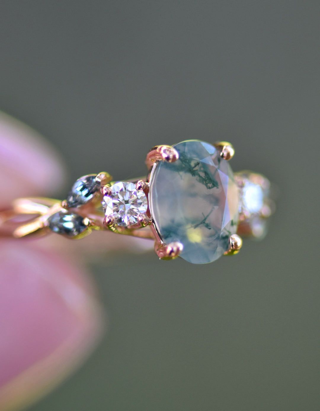 Nature Inspired Moss Agate Engagement Ring w/ Diamonds and Marquise Green Sapphires 14K Gold