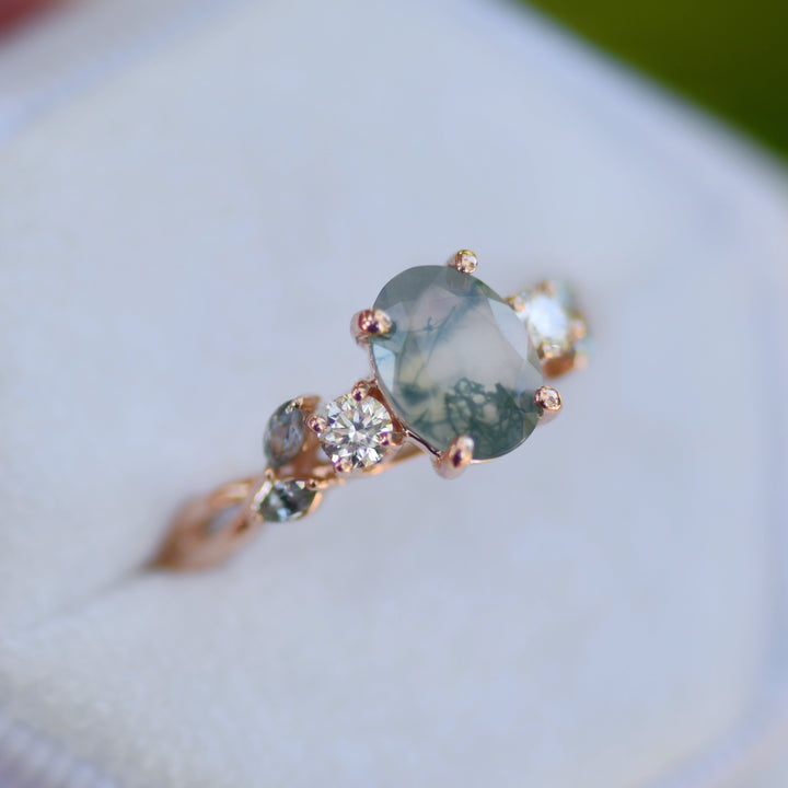 Nature Inspired Moss Agate Engagement Ring w/ Diamonds and Marquise Green Sapphires 14K Gold