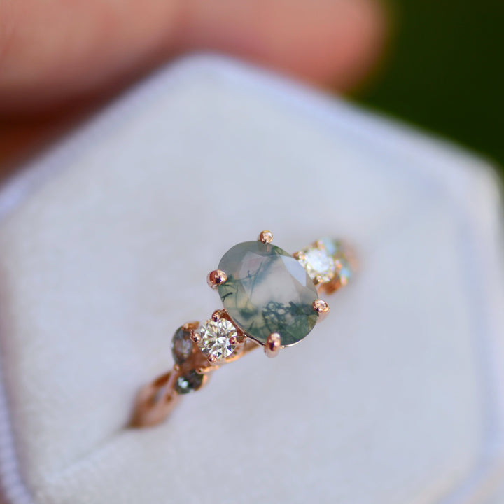 Nature Inspired Moss Agate Engagement Ring w/ Diamonds and Marquise Green Sapphires 14K Gold