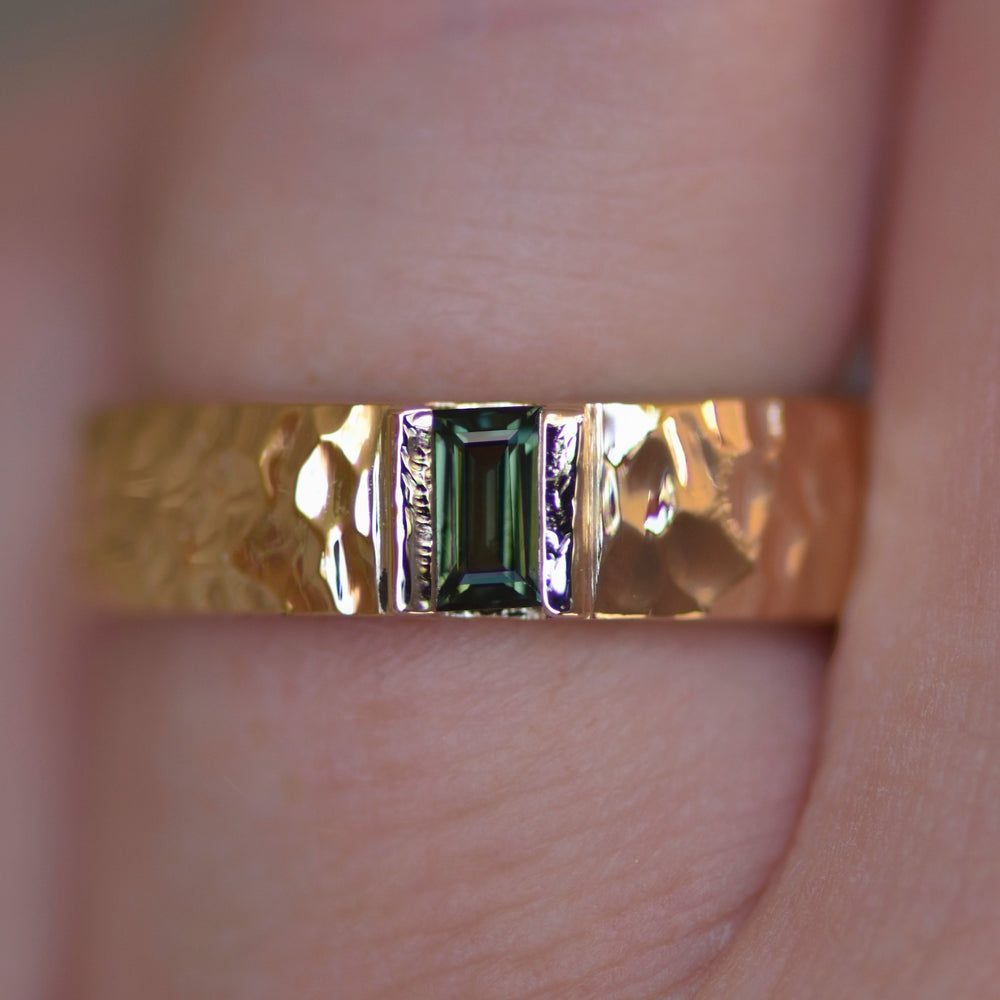 Mens Green Sapphire Ring Men's Hammered Wedding Band W/ Green Sapphire