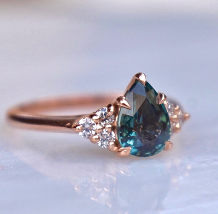 Custom Order: Teal Sapphire and S&P Diamonds Engagement  Ring 14K Gold