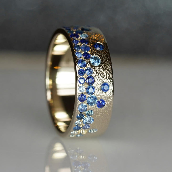 Custom Order: Hammered Man's Wedding Band with Sapphires 14K White Gold