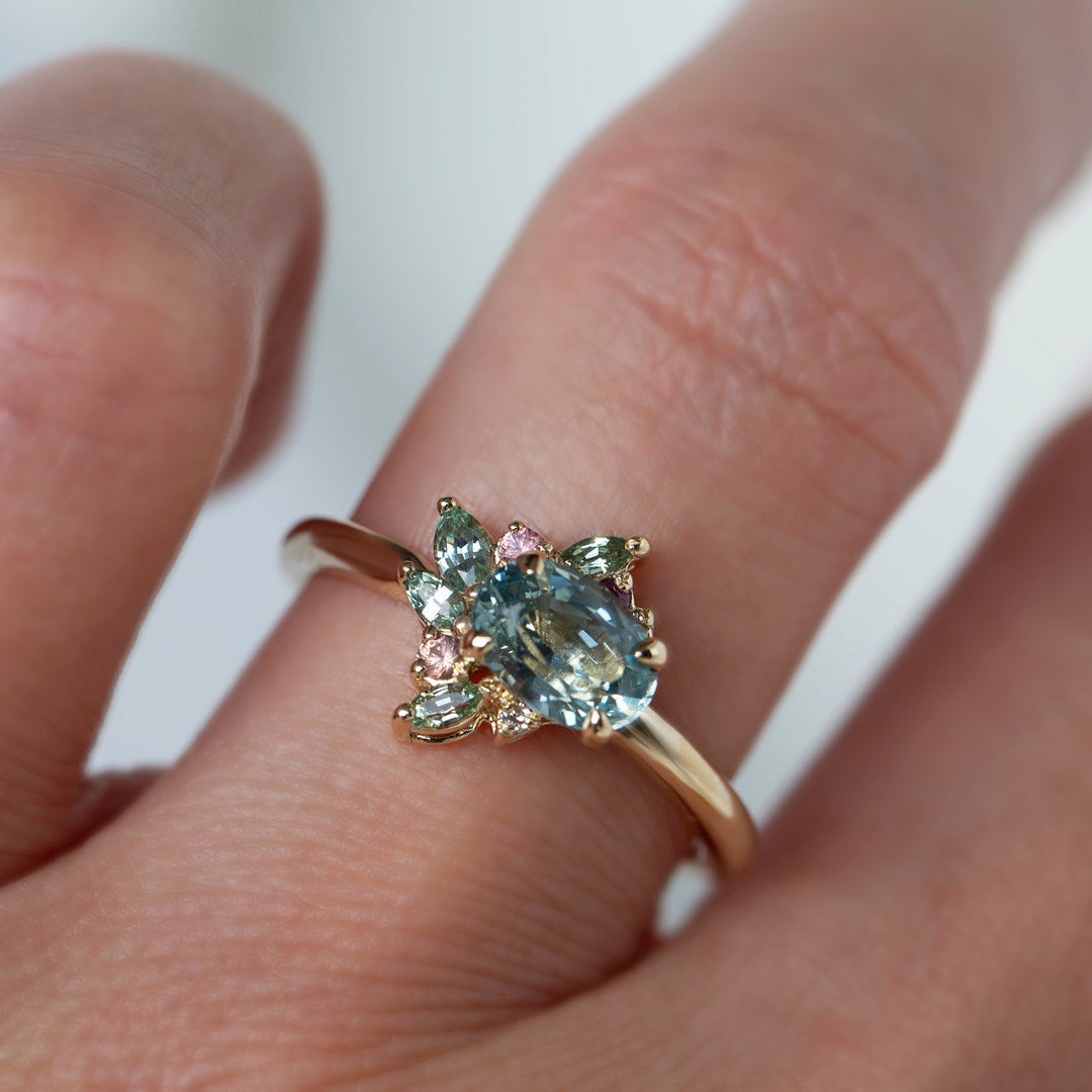 Aster Flower-Inspired Mint Green Sapphire Cluster Engagement Ring 14K Gold