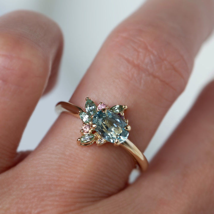 Aster Flower-Inspired Mint Green Sapphire Cluster Engagement Ring 14K Gold