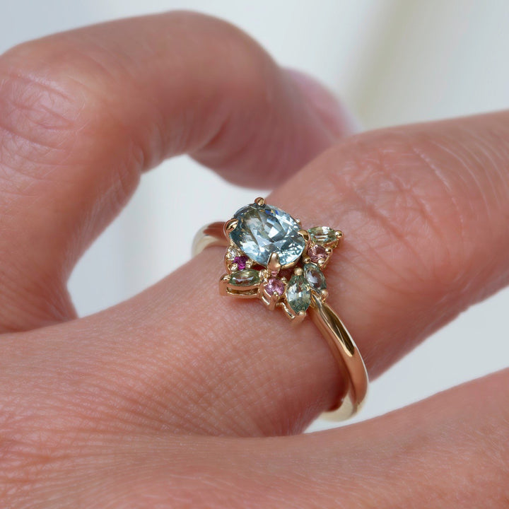 Aster Flower-Inspired Mint Green Sapphire Cluster Engagement Ring 14K Gold