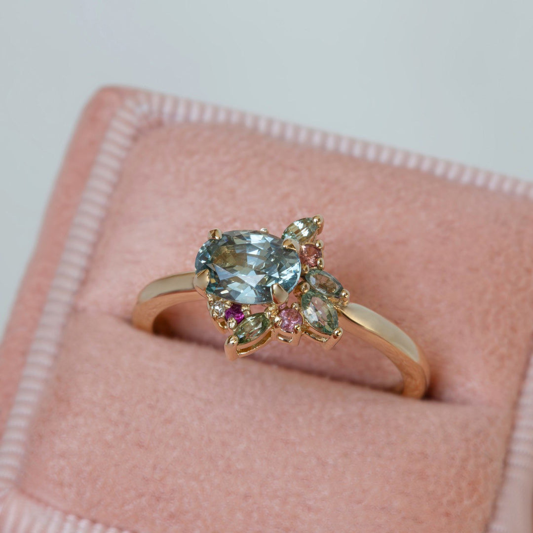 Aster Flower-Inspired Mint Green Sapphire Cluster Engagement Ring 14K Gold