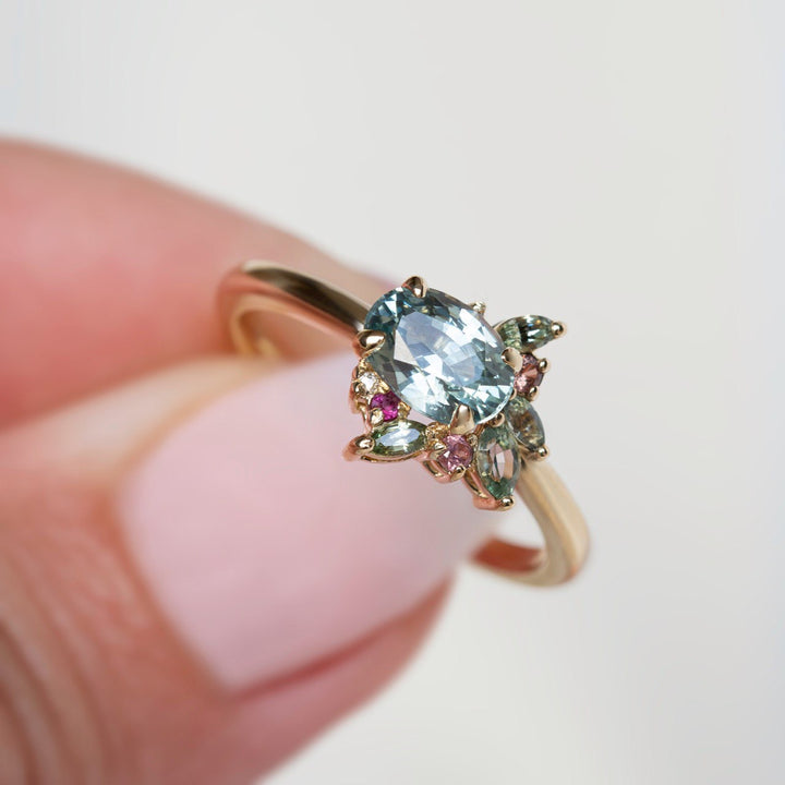 Aster Flower-Inspired Mint Green Sapphire Cluster Engagement Ring 14K Gold