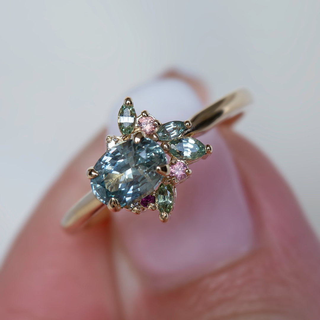 Aster Flower-Inspired Mint Green Sapphire Cluster Engagement Ring 14K Gold