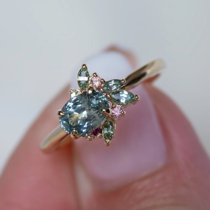 Aster Flower-Inspired Mint Green Sapphire Cluster Engagement Ring 14K Gold