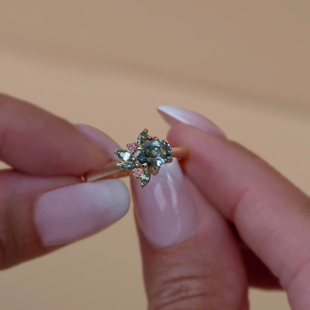 Aster Flower-Inspired Mint Green Sapphire Cluster Engagement Ring 14K Gold