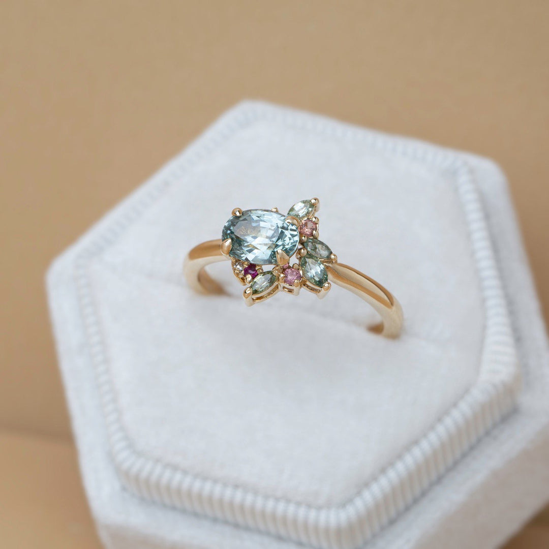 Aster Flower-Inspired Mint Green Sapphire Cluster Engagement Ring 14K Gold