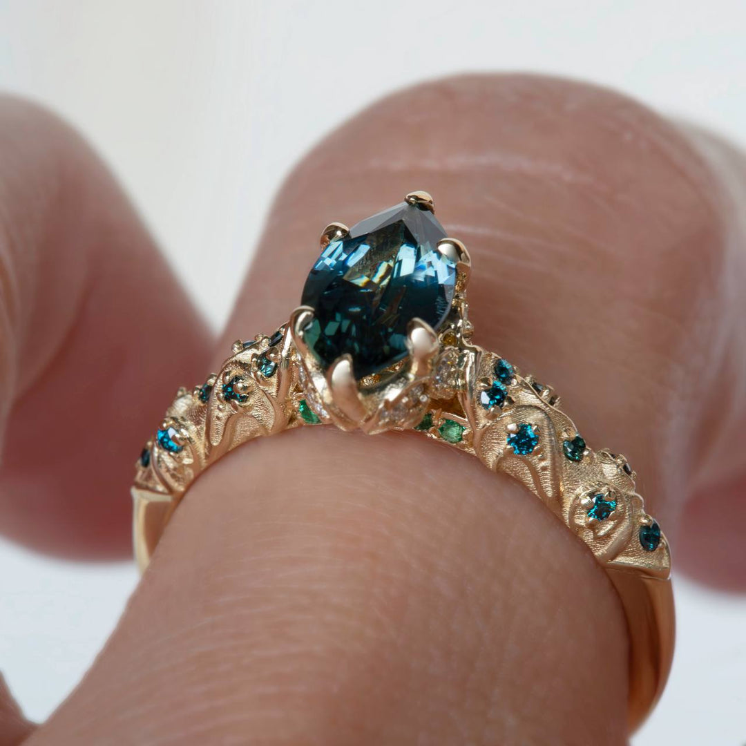 Genevieve Vintage-Inspired Sapphire, Emerald, Diamonds, Blue Diamonds Engagement Ring 14K Gold