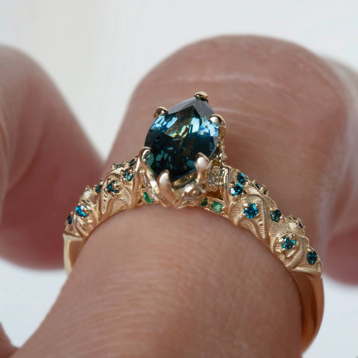 Genevieve Vintage-Inspired Sapphire, Emerald, Diamonds, Blue Diamonds Engagement Ring 14K Gold
