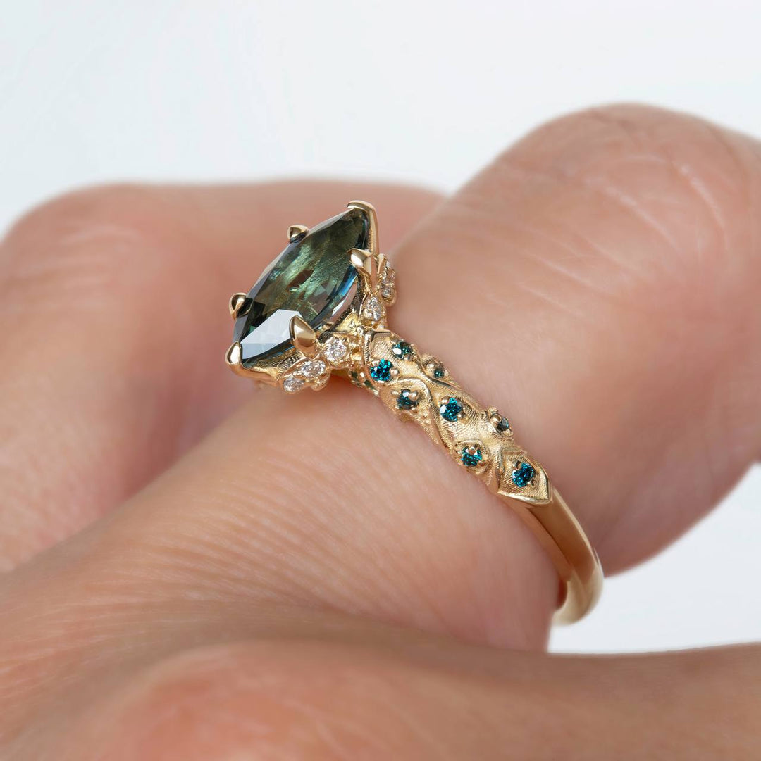 Genevieve Vintage-Inspired Sapphire, Emerald, Diamonds, Blue Diamonds Engagement Ring 14K Gold