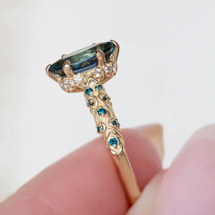 Genevieve Vintage-Inspired Sapphire, Emerald, Diamonds, Blue Diamonds Engagement Ring 14K Gold