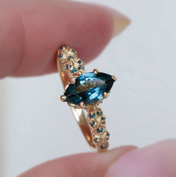 Genevieve Vintage-Inspired Sapphire, Emerald, Diamonds, Blue Diamonds Engagement Ring 14K Gold
