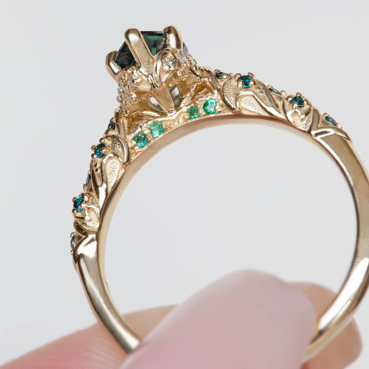 Genevieve Vintage-Inspired Sapphire, Emerald, Diamonds, Blue Diamonds Engagement Ring 14K Gold