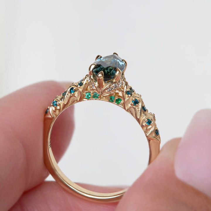Genevieve Vintage-Inspired Sapphire, Emerald, Diamonds, Blue Diamonds Engagement Ring 14K Gold
