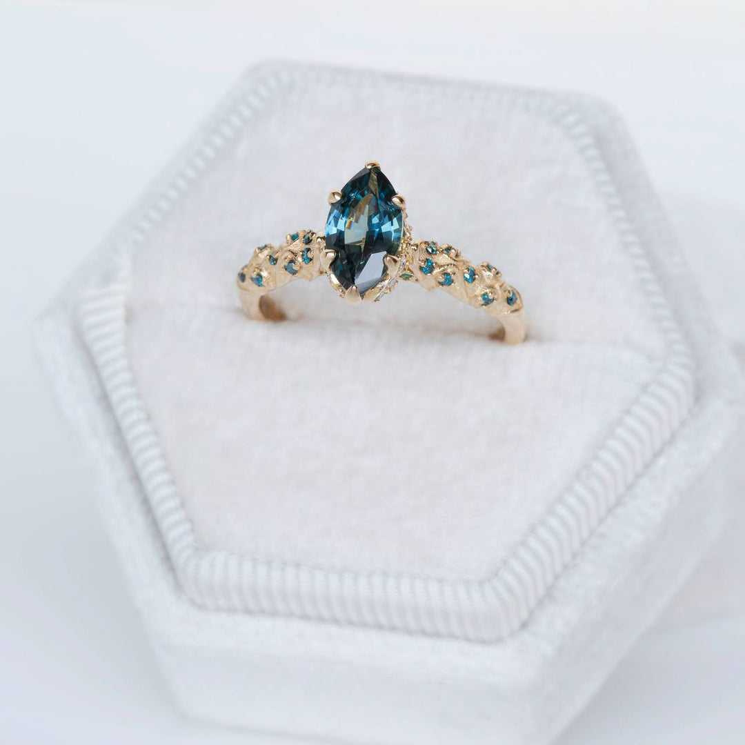 Genevieve Vintage-Inspired Sapphire, Emerald, Diamonds, Blue Diamonds Engagement Ring 14K Gold