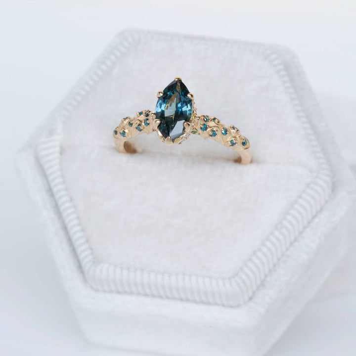 Genevieve Vintage-Inspired Sapphire, Emerald, Diamonds, Blue Diamonds Engagement Ring 14K Gold