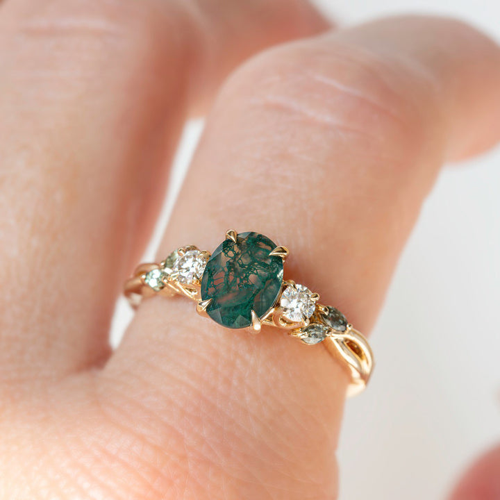 Nature Inspired Moss Agate Engagement Ring w/ Diamonds and Marquise Green Sapphires 14K Gold