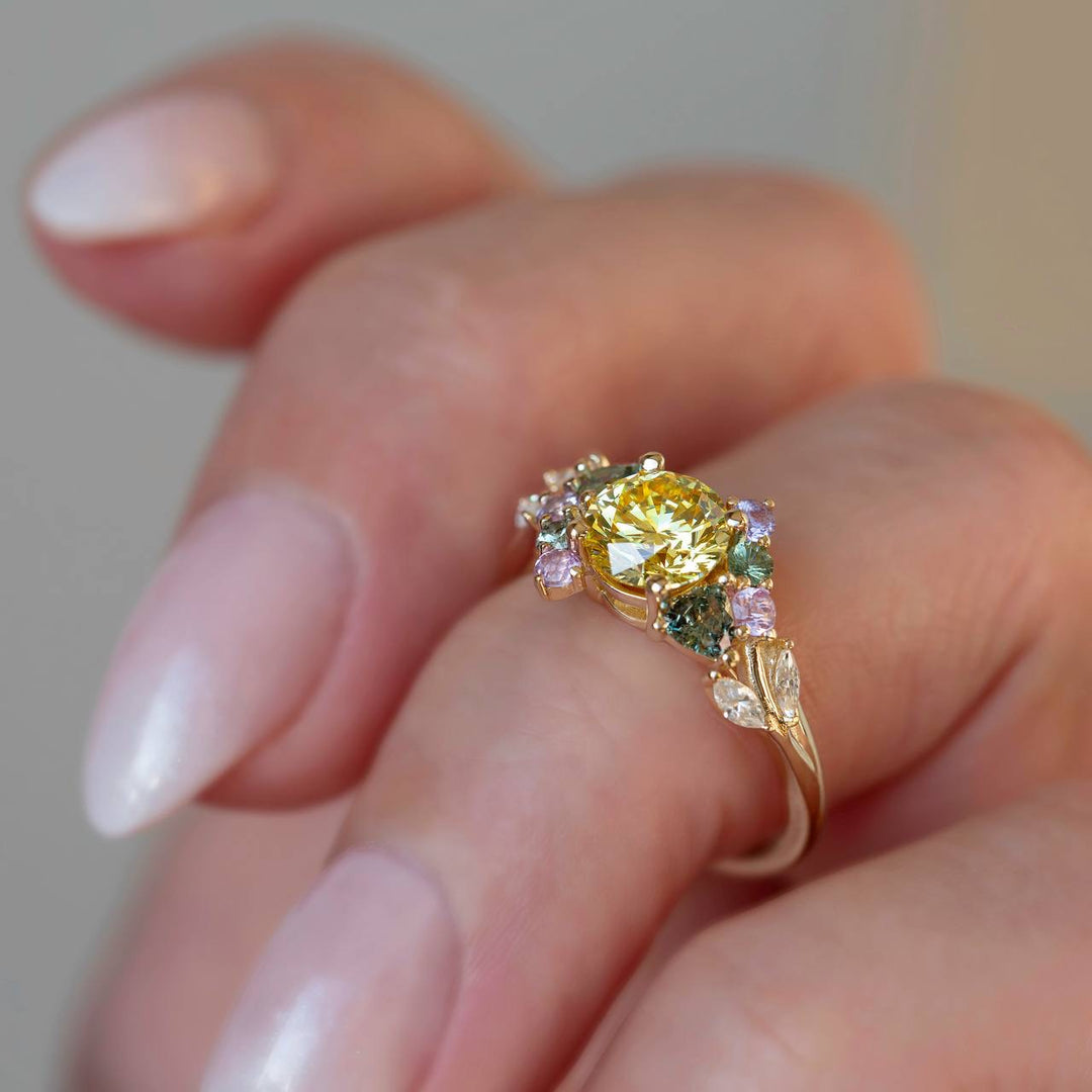 Enchanted Garden Ring Nature Inspired Yellow Diamond & Sapphire Engagement Ring 14K Gold