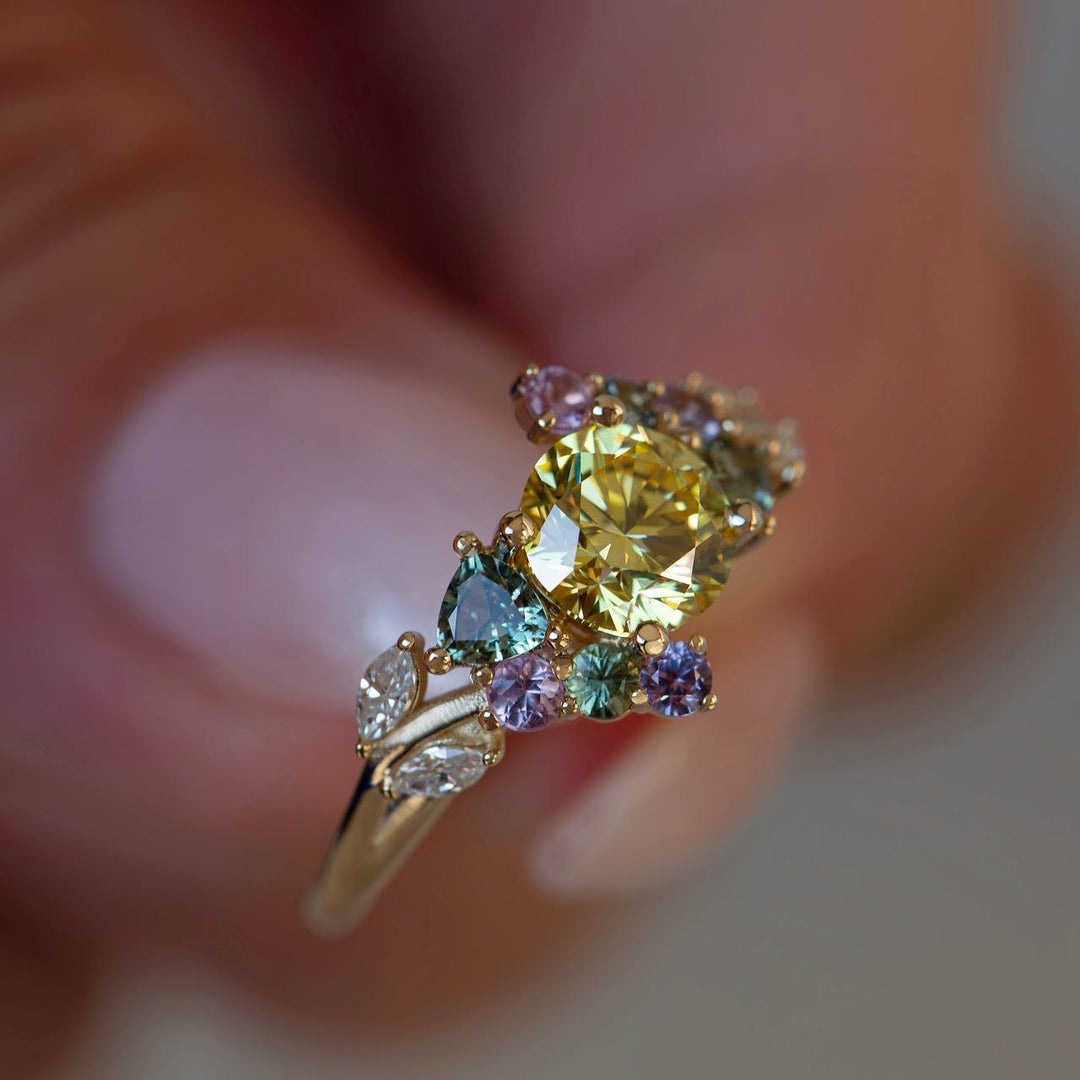 Enchanted Garden Ring Nature Inspired Yellow Diamond & Sapphire Engagement Ring 14K Gold