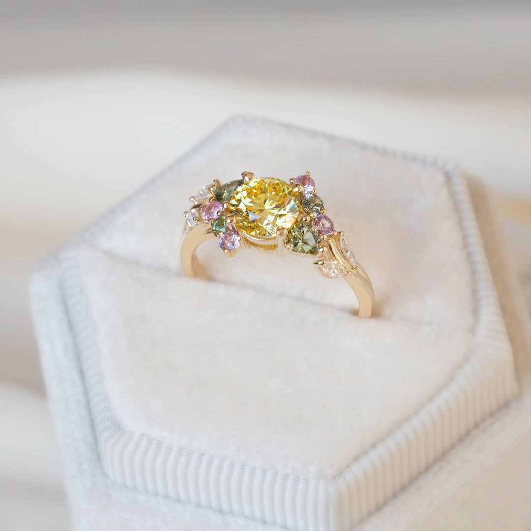 Enchanted Garden Ring Nature Inspired Yellow Diamond & Sapphire Engagement Ring 14K Gold