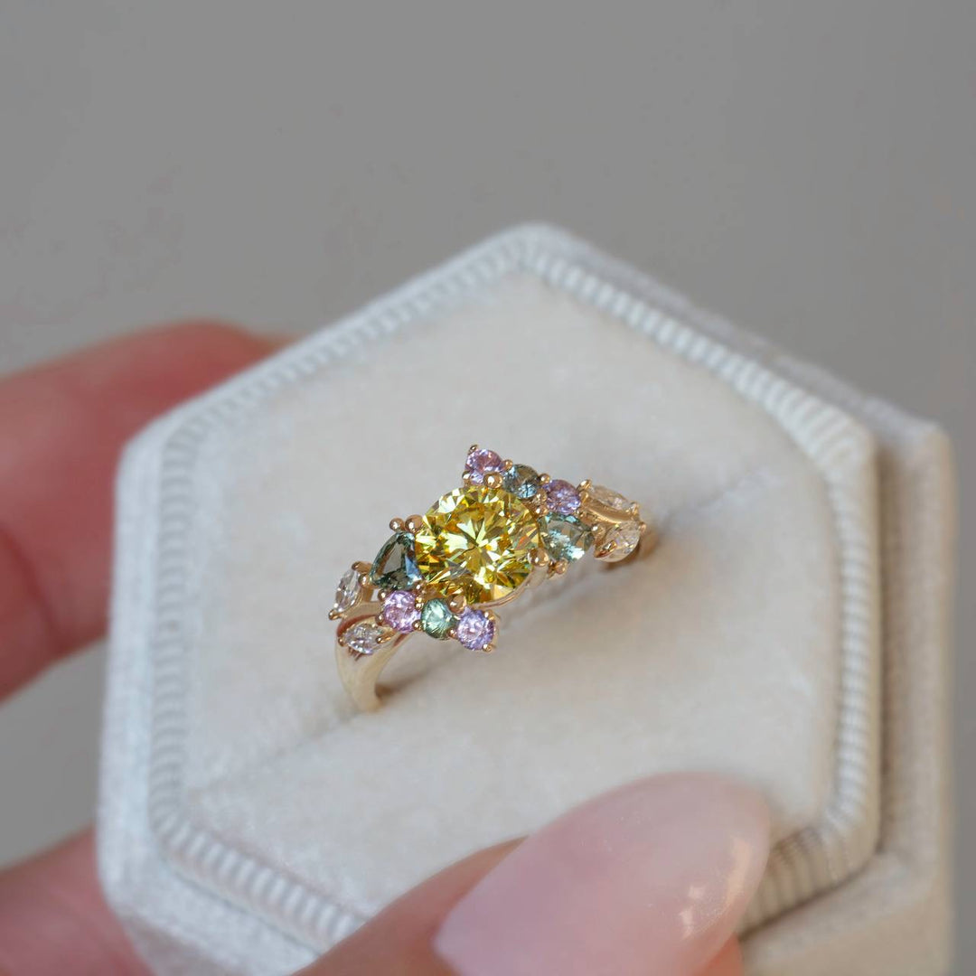 Enchanted Garden Ring Nature Inspired Yellow Diamond & Sapphire Engagement Ring 14K Gold