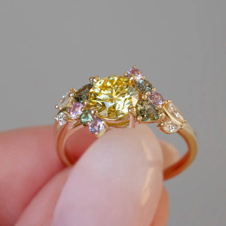 Enchanted Garden Ring Nature Inspired Yellow Diamond & Sapphire Engagement Ring 14K Gold